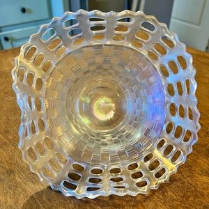 Fenton Iridescent 3 Row Open Lace Basket Weave Bowl Dish White
